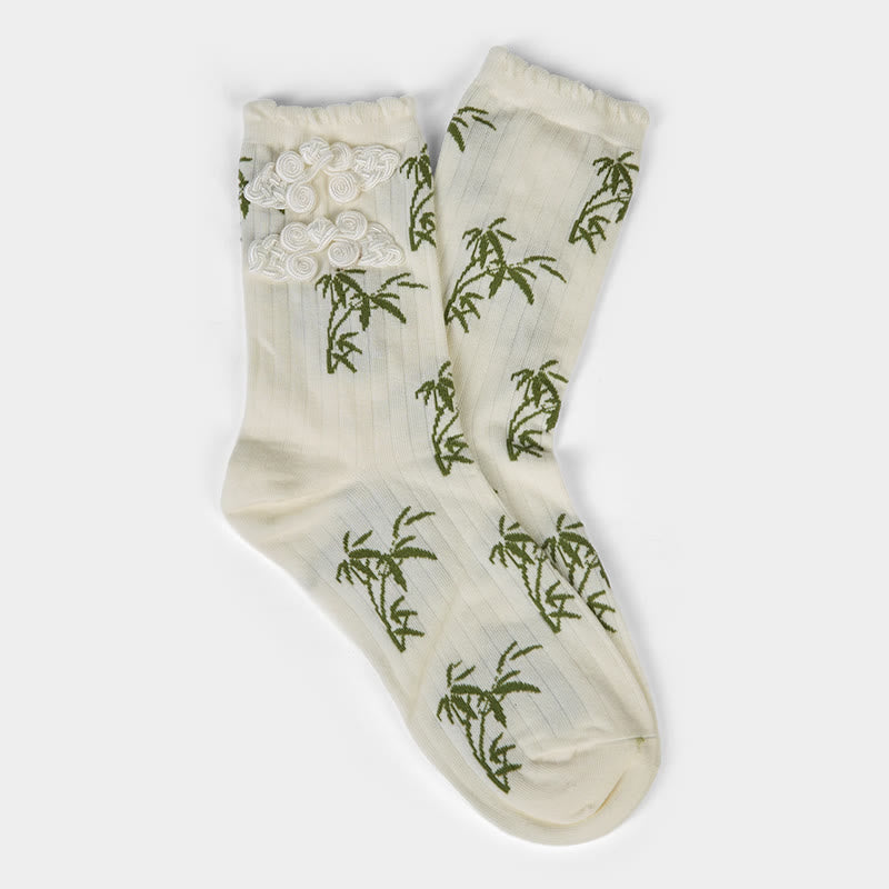 Chinese Frog-Button Design Jacquard Bamboo Pattern Micro Crew Women's Socks - Image 18