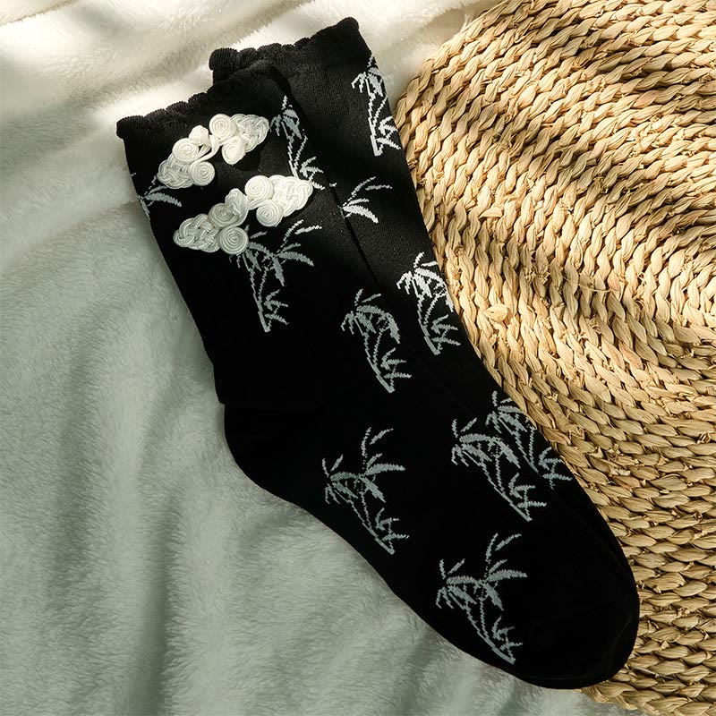 Chinese Frog-Button Design Jacquard Bamboo Pattern Micro Crew Women's Socks - Image 3