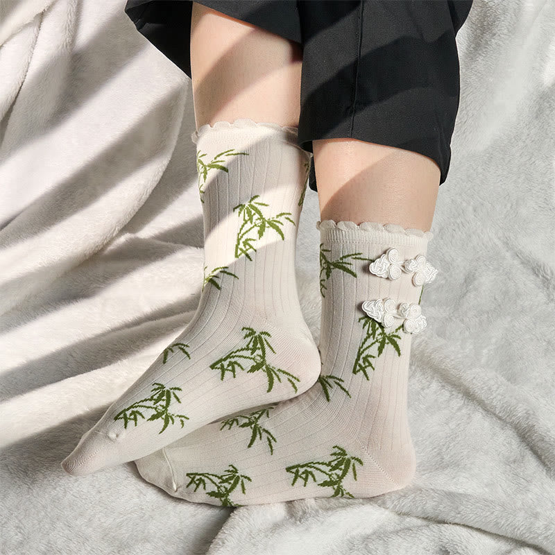 Chinese Frog-Button Design Jacquard Bamboo Pattern Micro Crew Women's Socks - Image 21