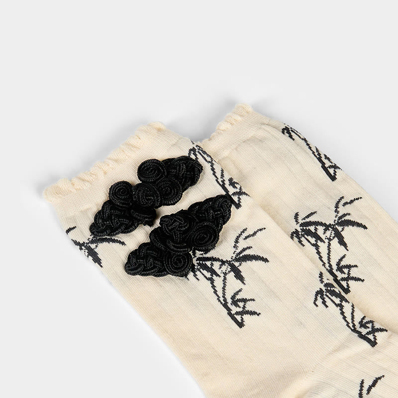 Chinese Frog-Button Design Jacquard Bamboo Pattern Micro Crew Women's Socks - Image 13