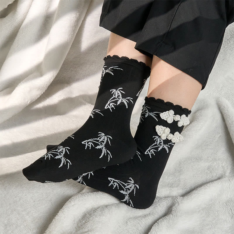 Chinese Frog-Button Design Jacquard Bamboo Pattern Micro Crew Women's Socks - Image 5