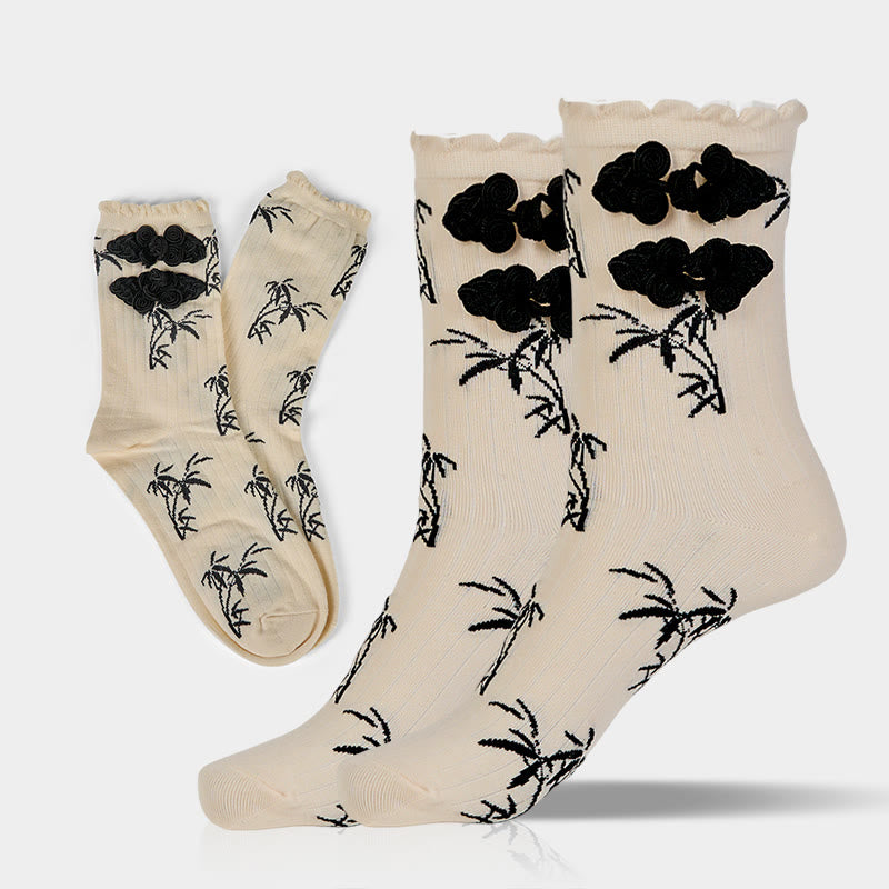 Chinese Frog-Button Design Jacquard Bamboo Pattern Micro Crew Women's Socks - Image 10