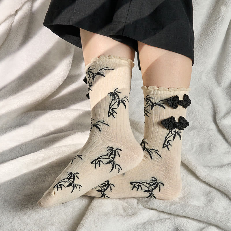 Chinese Frog-Button Design Jacquard Bamboo Pattern Micro Crew Women's Socks - Image 14