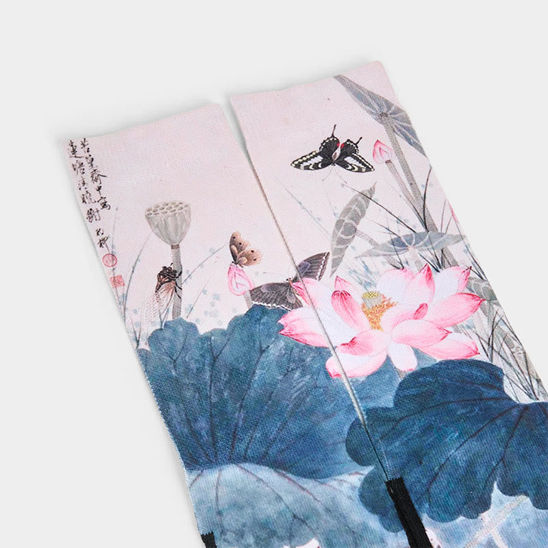 Casual Lotus Flowers Leaves Butterfly Micro Crew Men Women Unisex Socks - Image 3