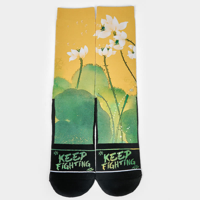 Casual Beige Lotus Flowers Leaves Micro Crew Men Women Unisex Socks - Image 2