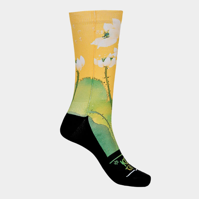 Casual Beige Lotus Flowers Leaves Micro Crew Men Women Unisex Socks - Image 9