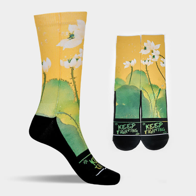 Casual Beige Lotus Flowers Leaves Micro Crew Men Women Unisex Socks - Image 8