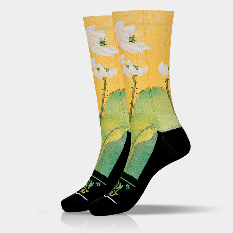 Casual Beige Lotus Flowers Leaves Micro Crew Men Women Unisex Socks - Image 10