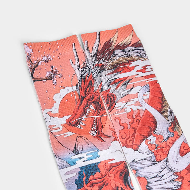 Casual Red Dragon Volcano Sun Tree Mountains Micro Crew Men Women Unisex Socks - Image 3
