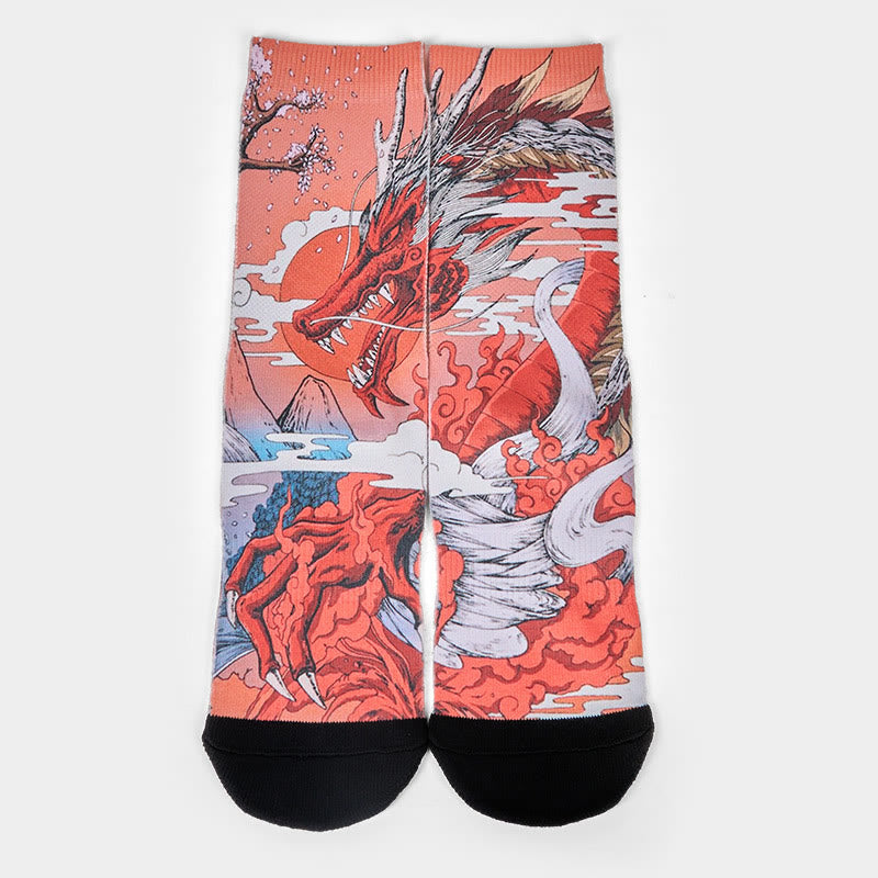 Casual Red Dragon Volcano Sun Tree Mountains Micro Crew Men Women Unisex Socks - Image 2