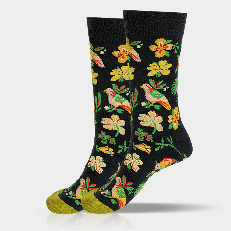 Blooming Flower Bird Pattern Men Women Unisex Cotton Crew Socks - Image 7