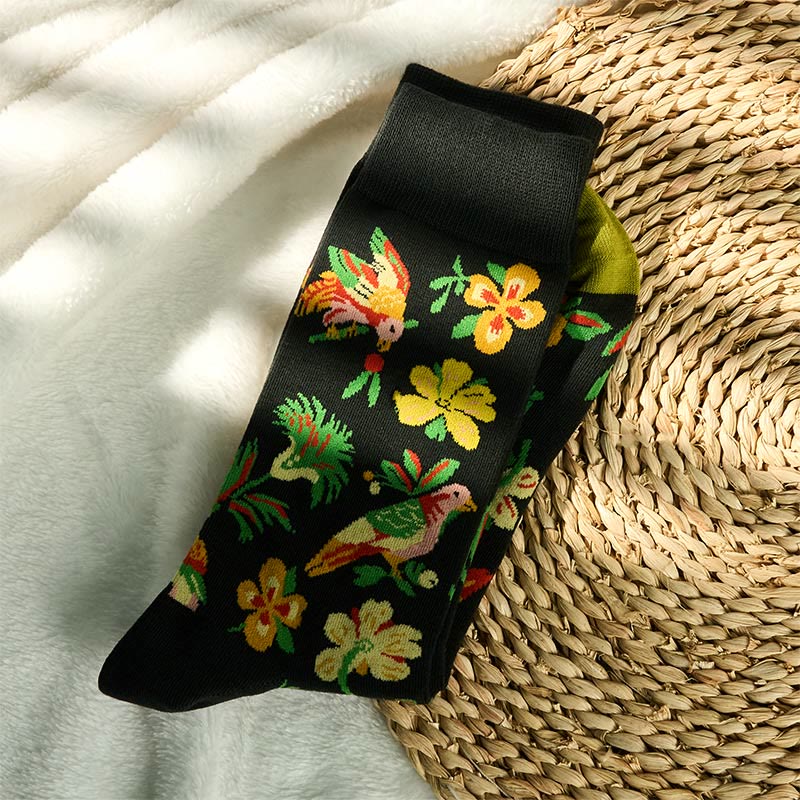 Blooming Flower Bird Pattern Men Women Unisex Cotton Crew Socks - Image 2
