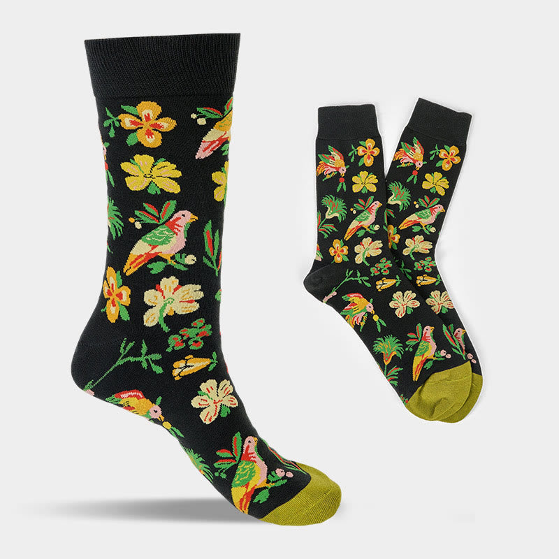 Blooming Flower Bird Pattern Men Women Unisex Cotton Crew Socks - Image 9