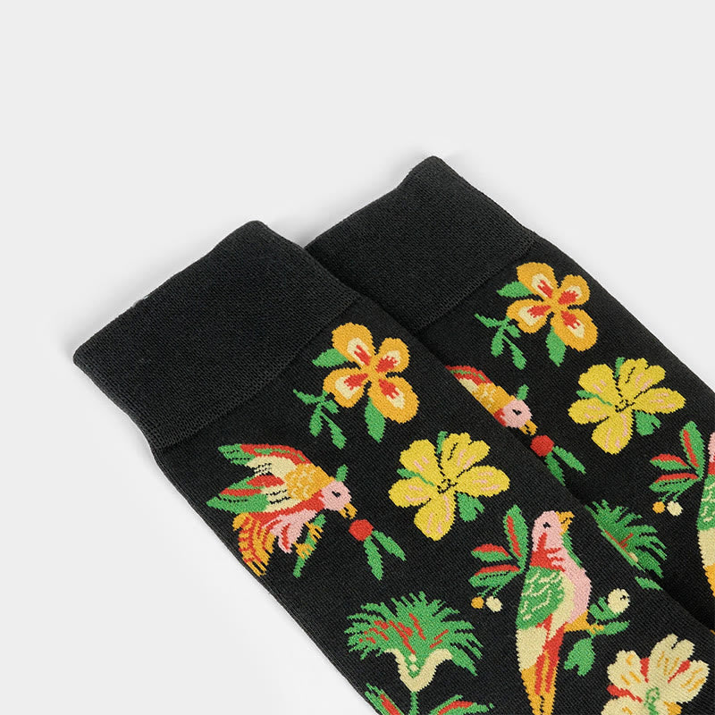 Blooming Flower Bird Pattern Men Women Unisex Cotton Crew Socks - Image 5