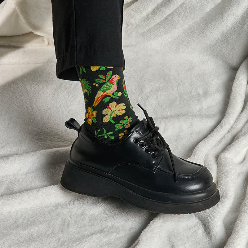 Blooming Flower Bird Pattern Men Women Unisex Cotton Crew Socks - Image 4