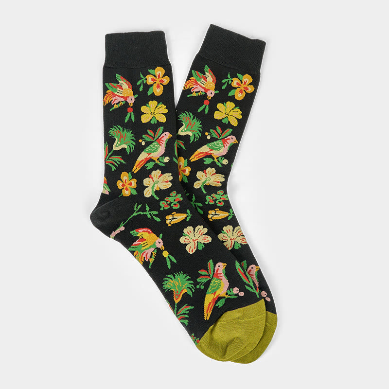 Blooming Flower Bird Pattern Men Women Unisex Cotton Crew Socks - Image 8