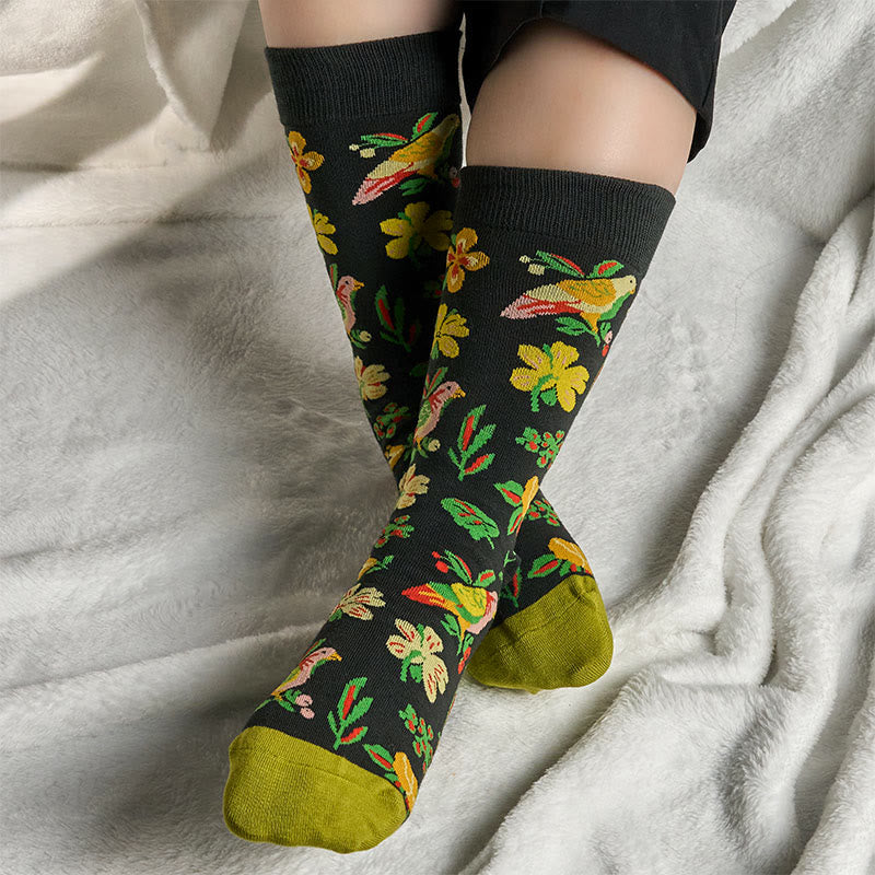 Blooming Flower Bird Pattern Men Women Unisex Cotton Crew Socks - Image 3