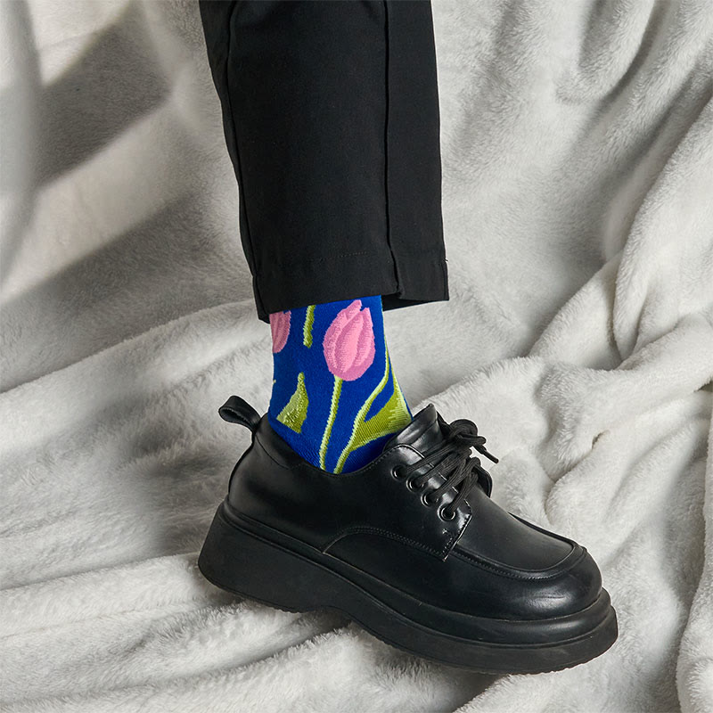 Mediumblue Tulip Pattern Men Women Unisex Cotton Crew Socks - Image 4
