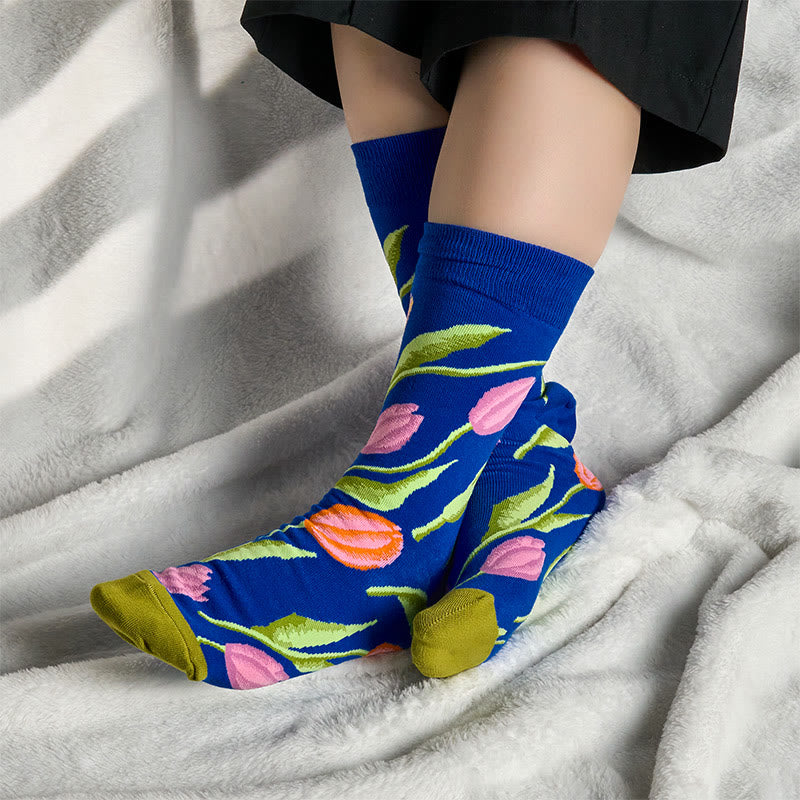 Mediumblue Tulip Pattern Men Women Unisex Cotton Crew Socks - Image 3