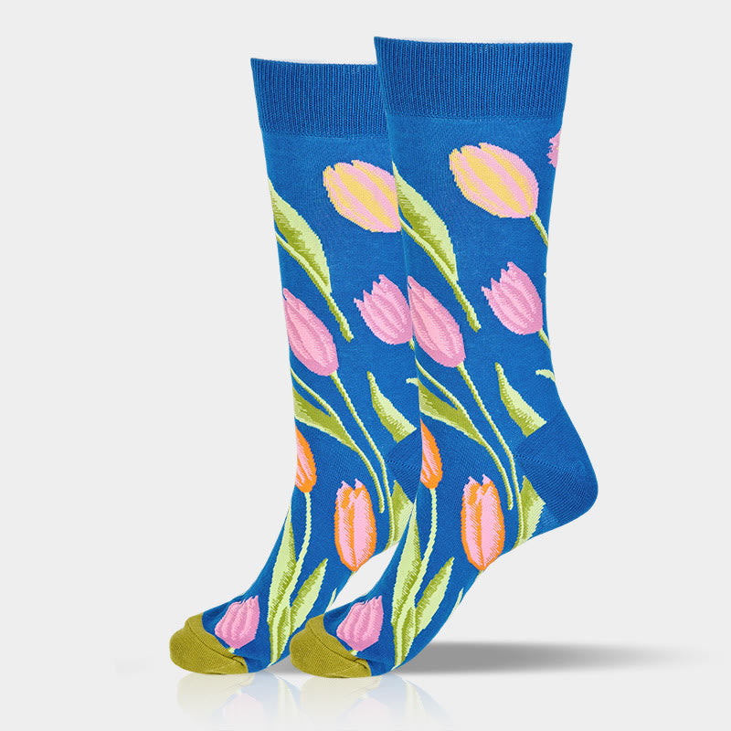 Mediumblue Tulip Pattern Men Women Unisex Cotton Crew Socks - Image 7