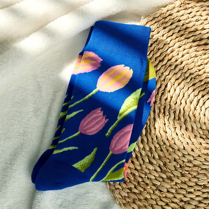 Mediumblue Tulip Pattern Men Women Unisex Cotton Crew Socks - Image 2