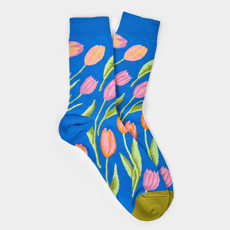 Mediumblue Tulip Pattern Men Women Unisex Cotton Crew Socks - Image 6