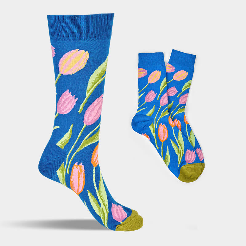 Mediumblue Tulip Pattern Men Women Unisex Cotton Crew Socks - Image 8