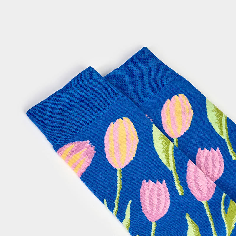 Mediumblue Tulip Pattern Men Women Unisex Cotton Crew Socks - Image 9