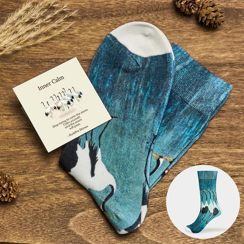 Buddha Stones "Inner Calm" Casual White Crane Micro Crew Women's Socks Includes Gift Message Card