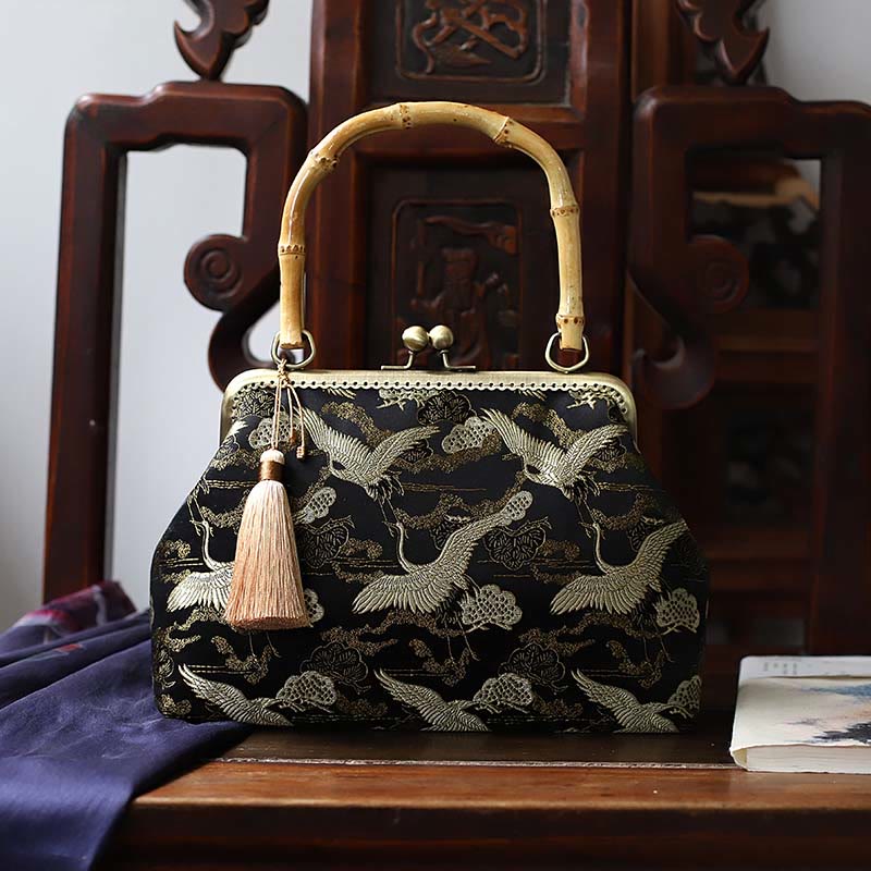 Dragonfly Crane Bamboo Leaves Plum Blossom Bamboo Handles Handbag - Image 11