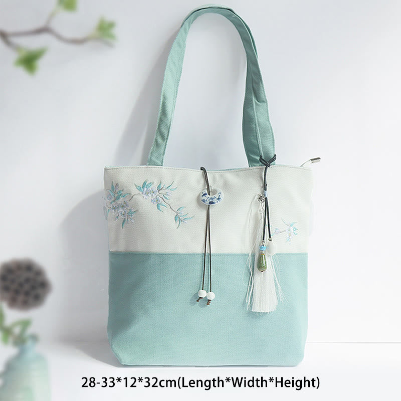 Pear Flower Plum Peach Blossom Bamboo Embroidery Canvas Large Capacity Shoulder Bag Tote Bag - Image 2