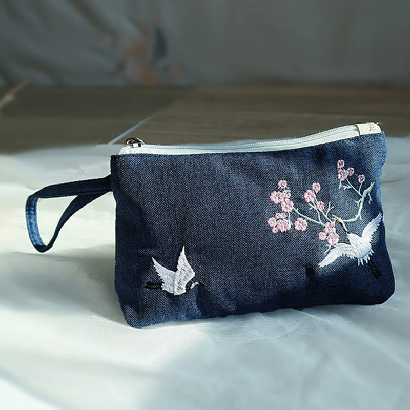 Small Flower Plum Cherry Crane Peach Blossom Embroidery Canvas Wallet Shopping Purse - Image 19