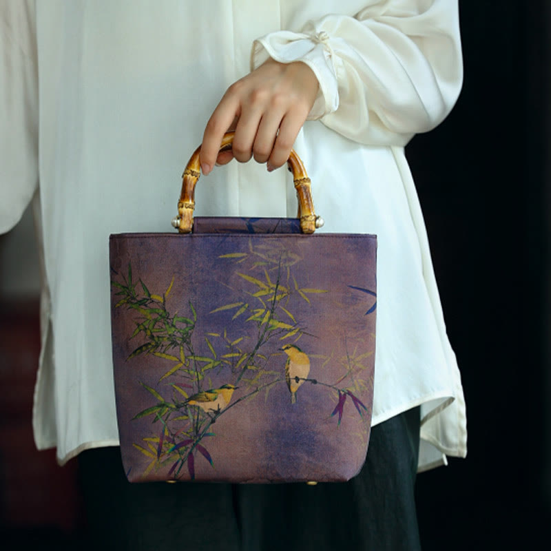 Purple Magpie Birds Branches Bamboo Handles Handbag - Image 14