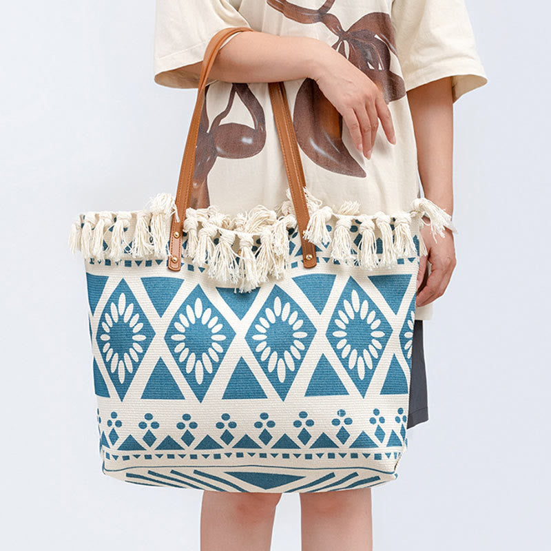 Large Capacity Boho Geometry Print Tassel Canvas Tote Shoulder Bag - Image 4
