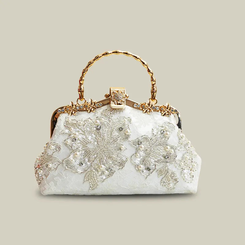 Floral Embroidery Evening White Bridal Clutch