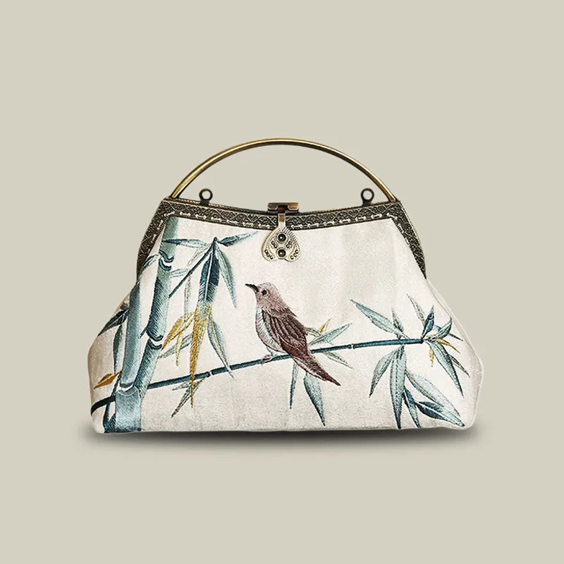 Magpie and Bamboo Leaf Embroidered Handbag with Metal Handle