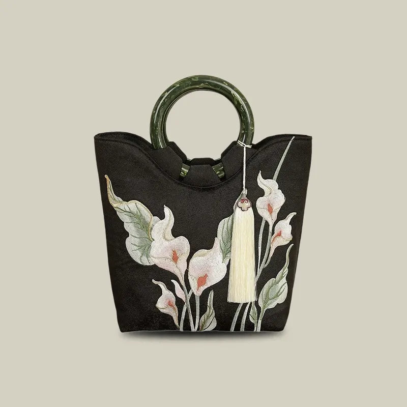 Calla Lily Embroidered Tote Bag with Vintage Green Acrylic Handle - Image 2