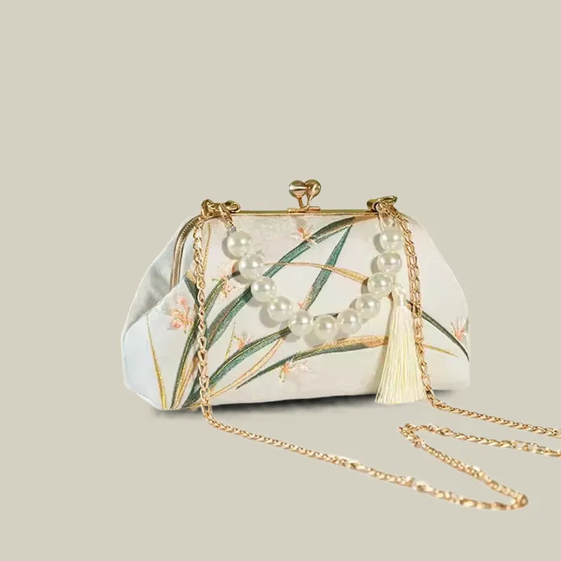 Orchid Bloom Embroidered Kiss-Lock Handbag with Pearl Handle - Image 11