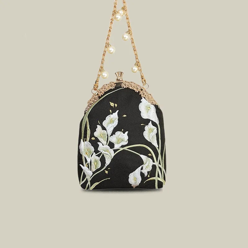 Calla Lily Embroidered Pearl Chain Handbag - Image 7