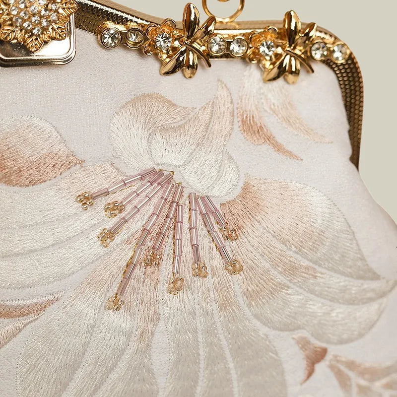 Lily Embroidered Pearl Chain Handbag with Metal Handle - Image 7