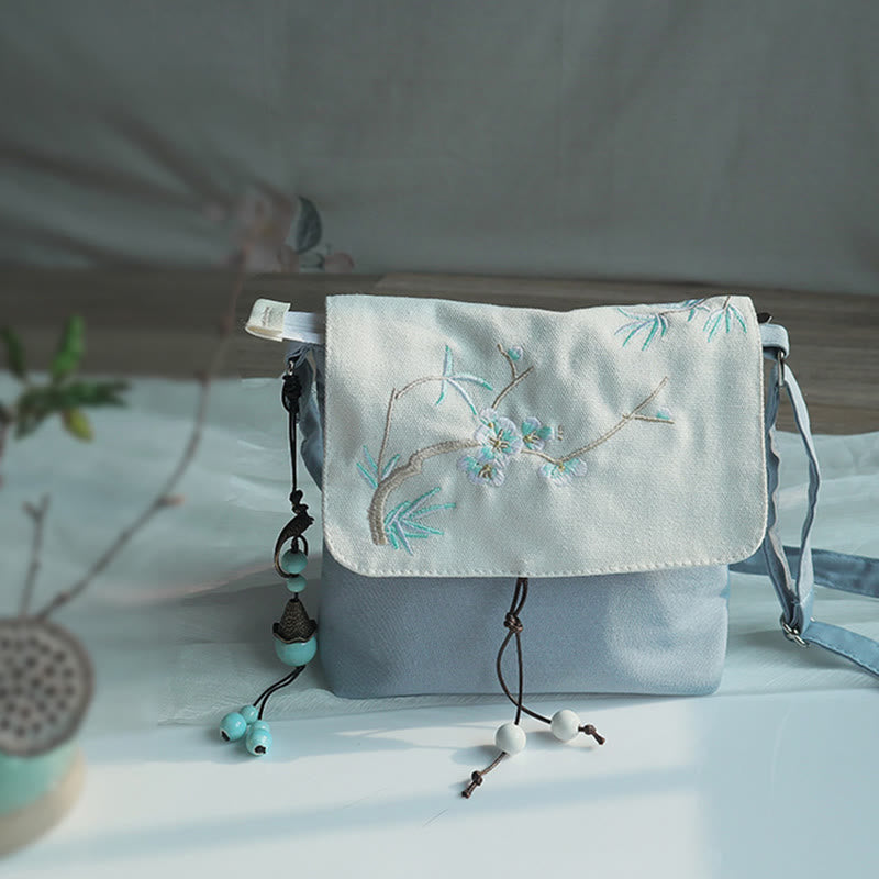 Handmade Embroidered Plum Flowers Canvas Crossbody Bag Shoulder Bag Handbag - Image 3