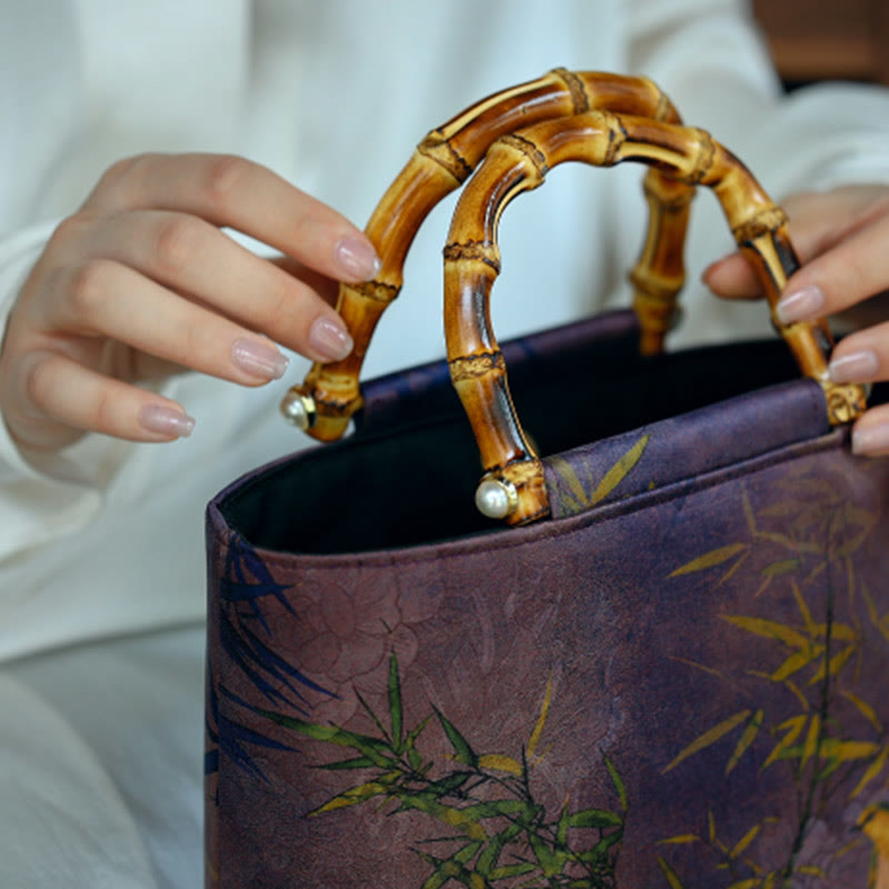 Purple Magpie Birds Branches Bamboo Handles Handbag - Image 5