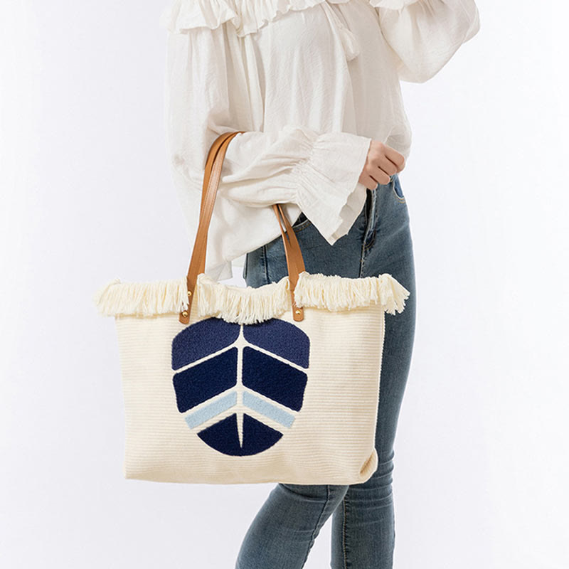 Large Capacity Evil Eye Leaf Hamsa Tassel Canvas Tote Shoulder Bag - Image 14
