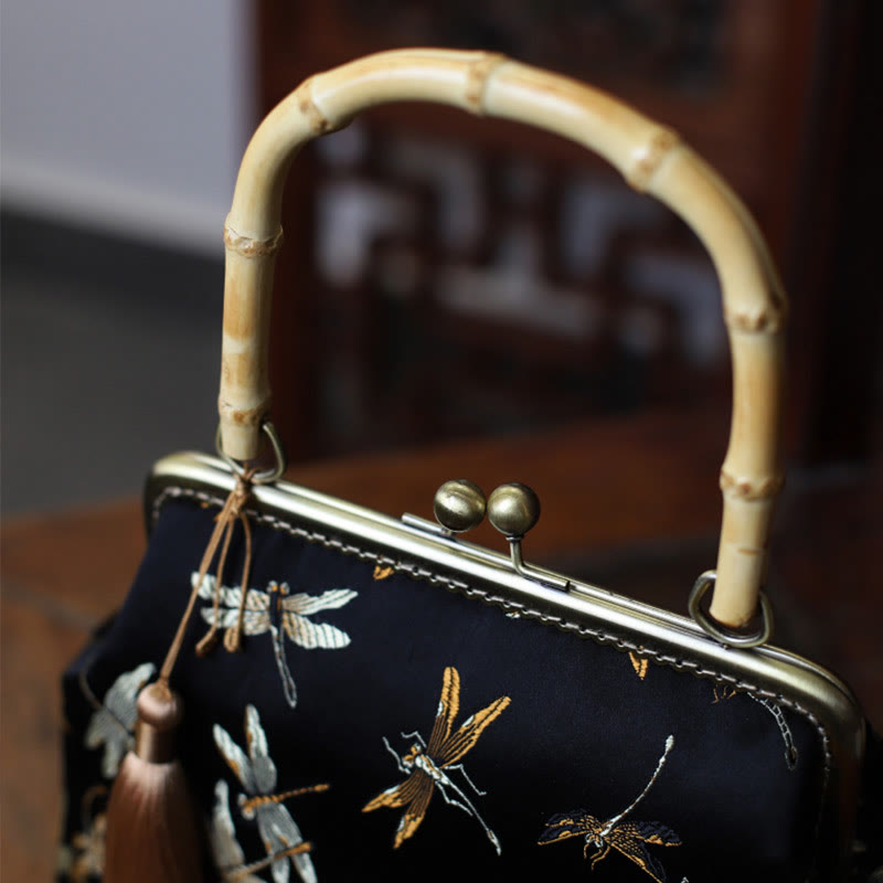 Dragonfly Crane Bamboo Leaves Plum Blossom Bamboo Handles Handbag - Image 4