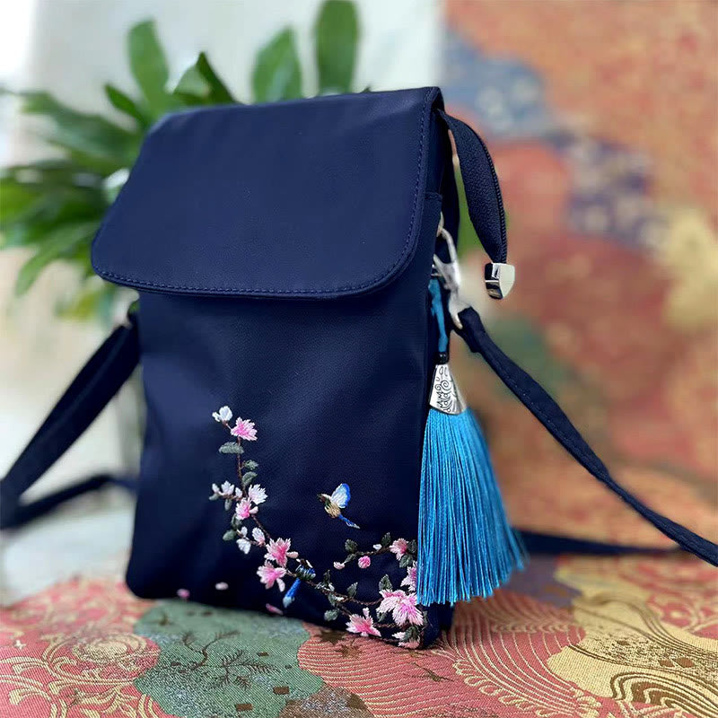Waterproof Handmade Embroidered Lotus Flowers Crossbody Bag Shoulder Bag Cellphone Bag - Image 6