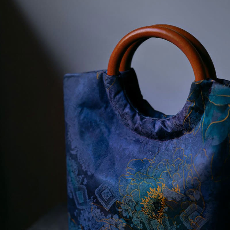 Peony Flower Bamboo Leaves Bird Solid Wood Handle Handbag - Image 4