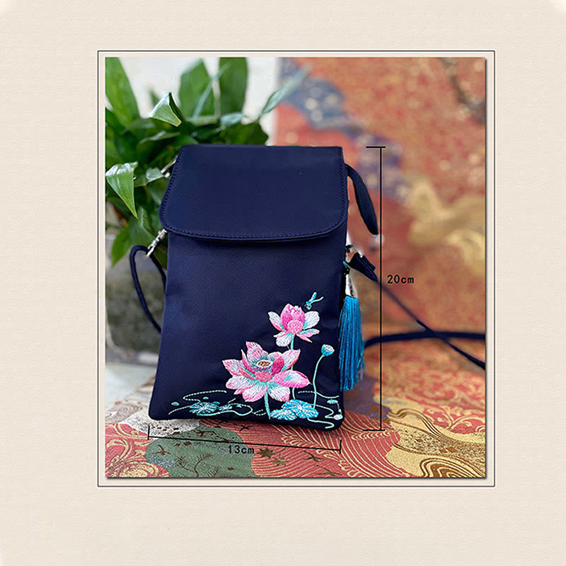 Waterproof Handmade Embroidered Lotus Flowers Crossbody Bag Shoulder Bag Cellphone Bag - Image 23