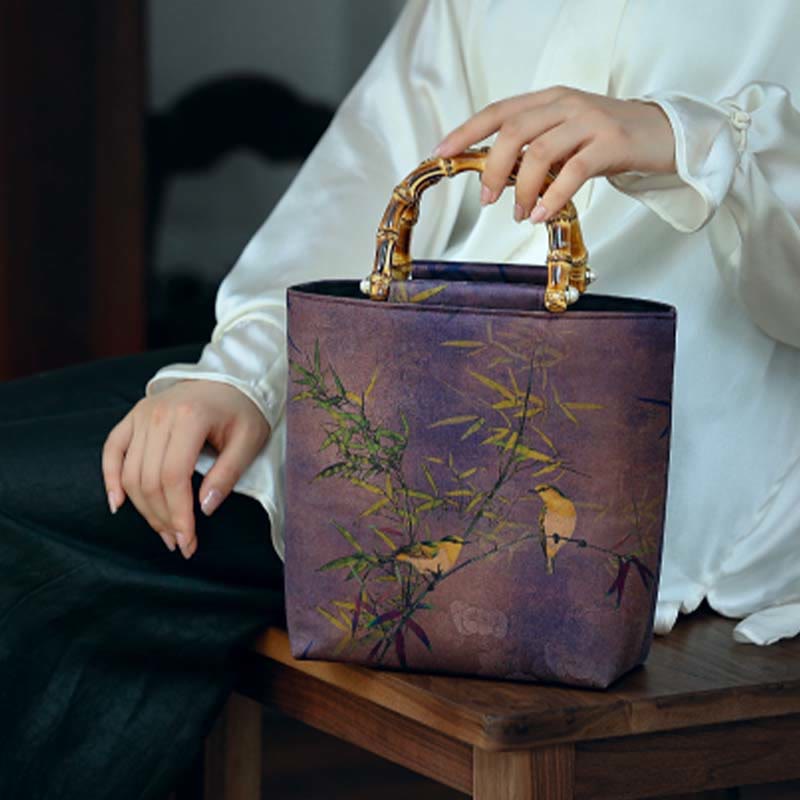 Purple Magpie Birds Branches Bamboo Handles Handbag - Image 17