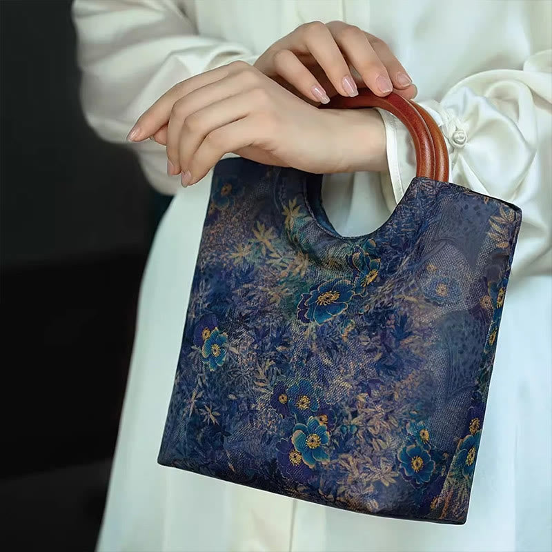 Peony Flower Bamboo Leaves Bird Solid Wood Handle Handbag - Image 15