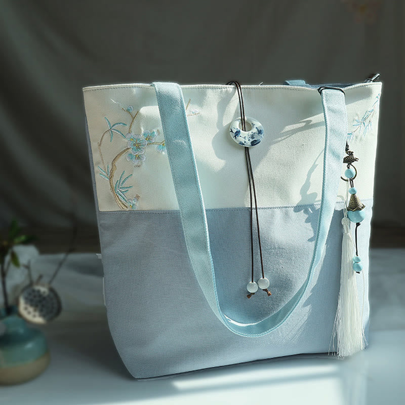 Pear Flower Plum Peach Blossom Bamboo Embroidery Canvas Large Capacity Shoulder Bag Tote Bag - Image 7